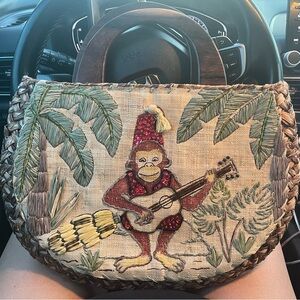Tropical Monkey Embroidered Woman’s Handbag Purse 100% Natural Straw
